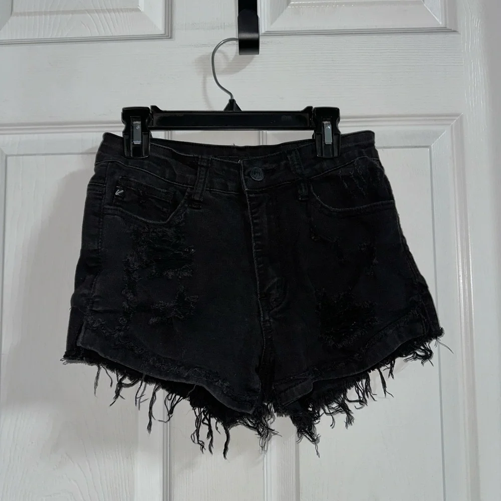Black Distressed Kancan Denim Shorts - Picture 1 of 4